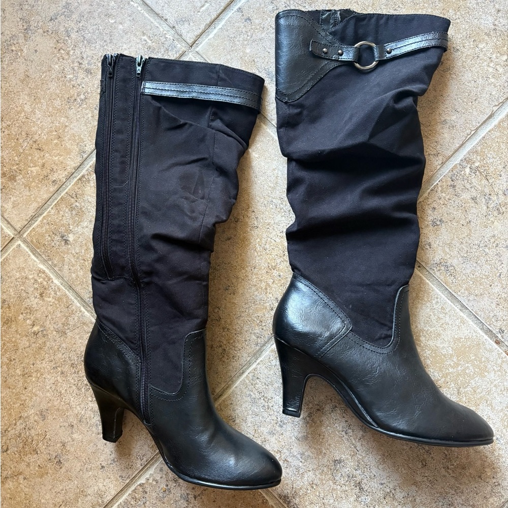 AEROSOLES Black Heeled 3” Heel Boots with Buckle Detail, Size: 7.5